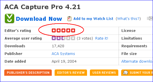 The screenshot of Download.com: ACA Capture Pro 4.21