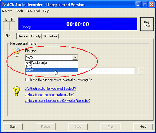 ACA Audio Recorder(Audio Recording Software) FAQ: Get the best audio quality, Click File tab, select WAV on File type combobox