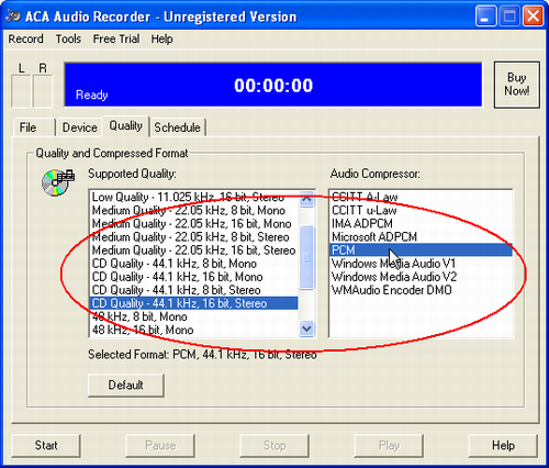 ACA Audio Recorder(Audio Recording Software) FAQ: Get the best audio quality, select CD Quality - 44.1 kHz, 16 bit, Stereo option on Supported Quality list, and select PCM option on Audio compressor list