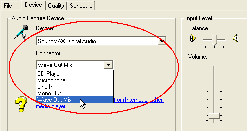 record streaming audio from internet or other media player: the SoundMAX Digital Audio shows Mono Out and Wave Out Mix 