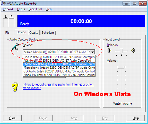 record streaming audio from internet or other media player with audio recording software - ACA Audio Recorder: the Intel(r) Integrated Audio shows Mono Mix and Stereo Mix, - for windows vista