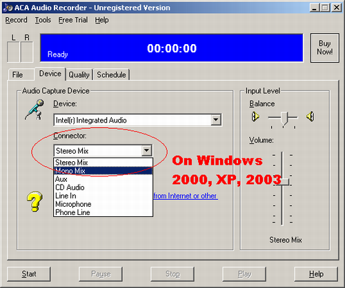 record streaming audio from internet or other media player with audio recording software - ACA Audio Recorder: the Intel(r) Integrated Audio shows Mono Mix and Stereo Mix, - for windows 2000, xp, 2003