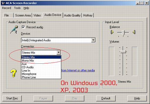 record audio when ACA Screen Recorder recording video - Windows 2000, xp, 2003