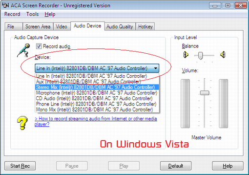 Record audio and video on Windows vista with ACA Screen Recorder