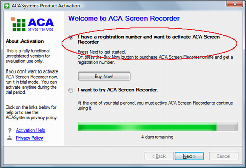 ACA Screen Recorder Activation: choose I have a registration number and want to activate ACA Screen Recorder