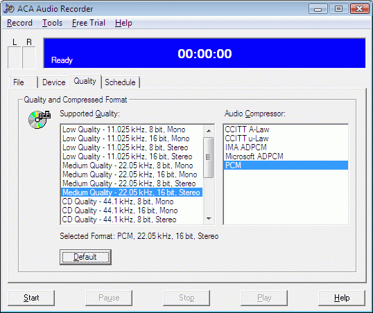 ACA Audio Recorder screenshots:  Quality Setting