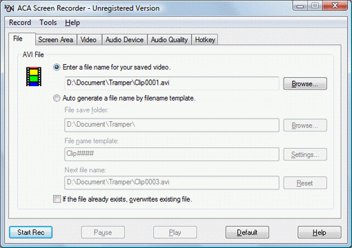 ACA Screen Recorder screenshot: File tab