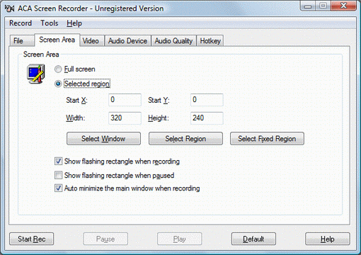 ACA Screen Recorder screenshot: Screen Area tab