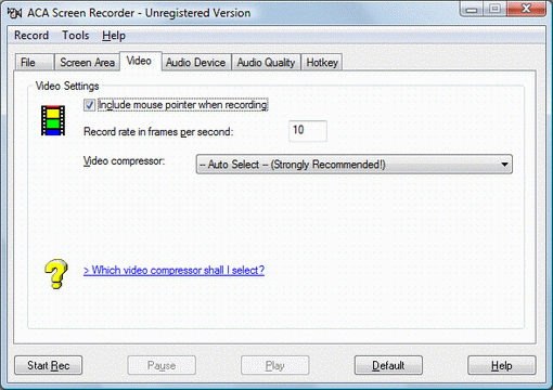 ACA Screen Recorder screenshot: Video tab