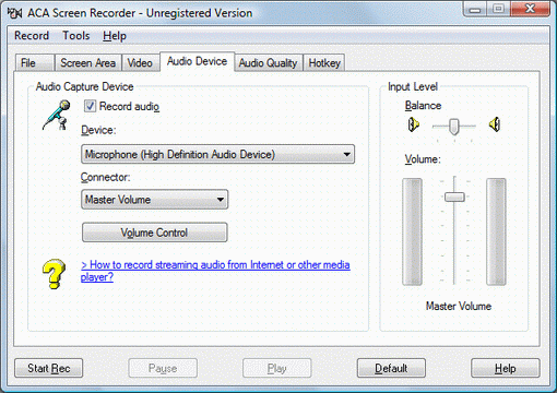 ACA Screen Recorder screenshot: Device tab