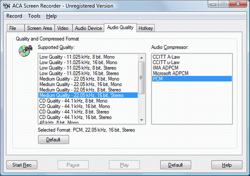 ACA Screen Recorder screenshot: Audio Quality tab