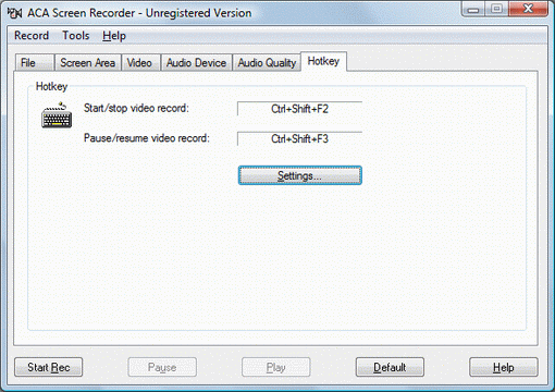 ACA Screen Recorder screenshot: Hotkey tab